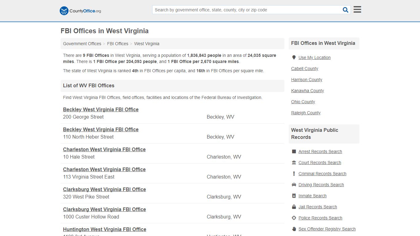 FBI Offices - West Virginia (Crime Tips & Most Wanted) - County Office